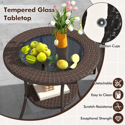 Round Rattan Wicker Coffee Table Glass Top Steel Frame Patio Furni W/Lower Shelf