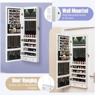 Wall Mount Mirrored Jewelry Cabinet Organizer LED Lights