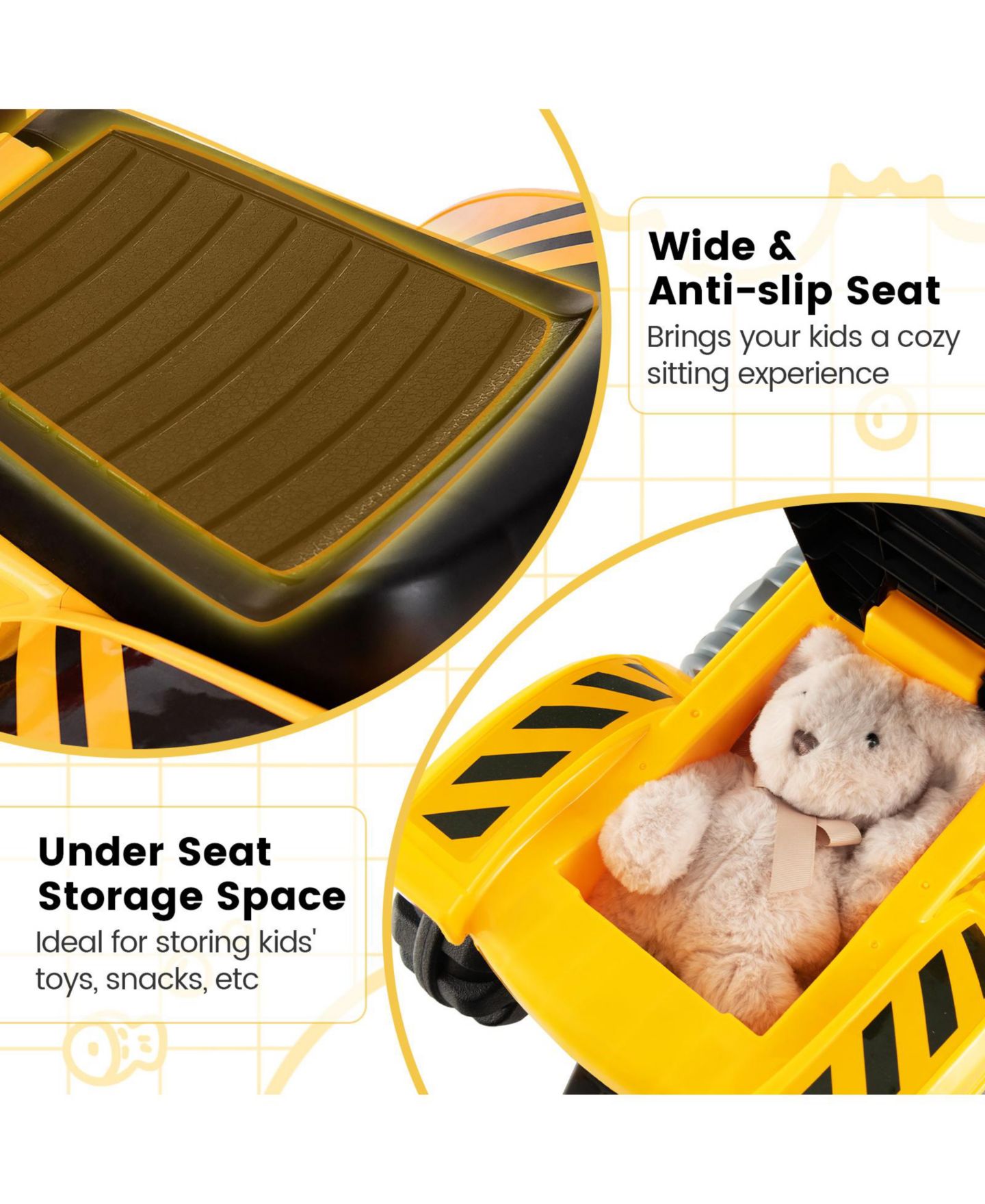 Детская игрушка Costway Kids' Ride-On Excavator Digger with Under-Seat Storage, 35"L x 17.5"W x 12"H, Ages 3+, цвет: Жёлтый — фото 7