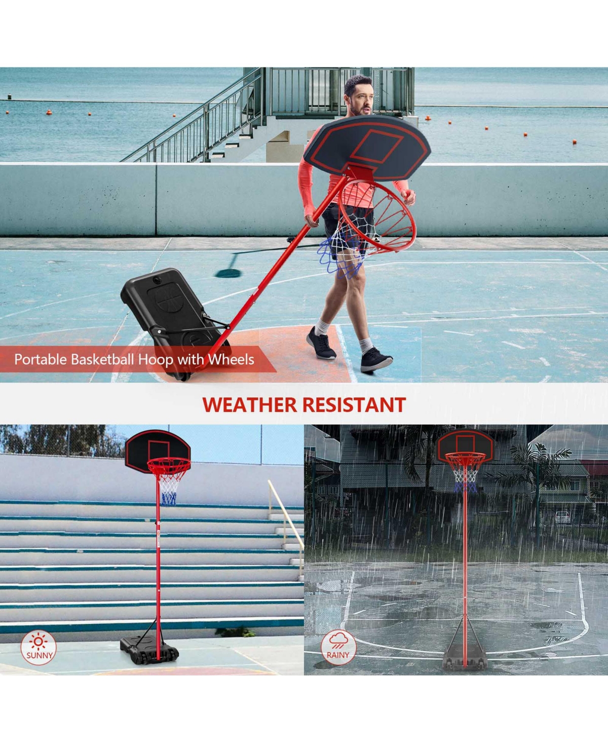 Height-Adjustable Basket Hoop, Portable Backboard System Stand