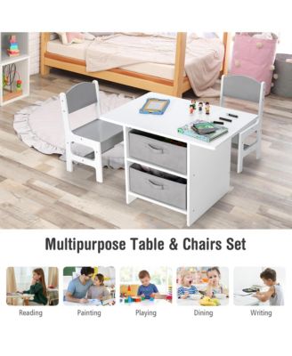 Kids Art Play Wood Table and 2 Chairs Set w/ Storage Baskets Puzzle