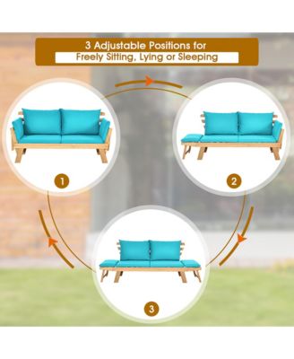 Patio Convertible Sofa Daybed Solid Wood Adjustable Thick Cushion