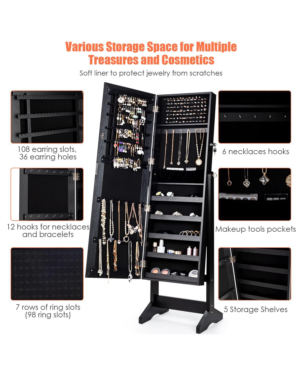 Costway Jewelry Cabinet Stand Mirror Armoire Lockable Organizer Large Storage Box