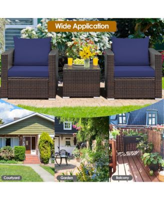 3PCS Patio Rattan Furniture Set Conversation Sofa Cushioned
