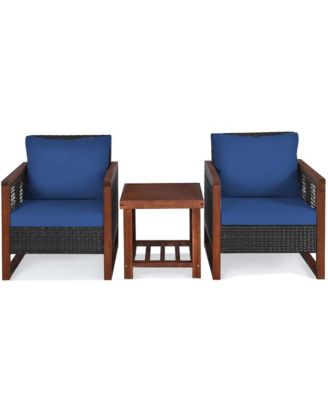 3PCS Patio Wicker Furniture Set Solid Wood Frame Cushion Sofa w/ Square Table Shelf