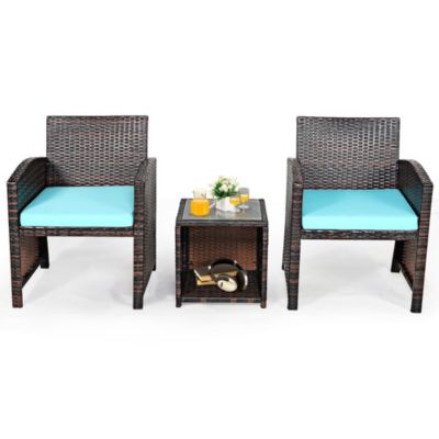 3PCS Patio Rattan Wicker Furniture Cushion Sofa Coffee Table