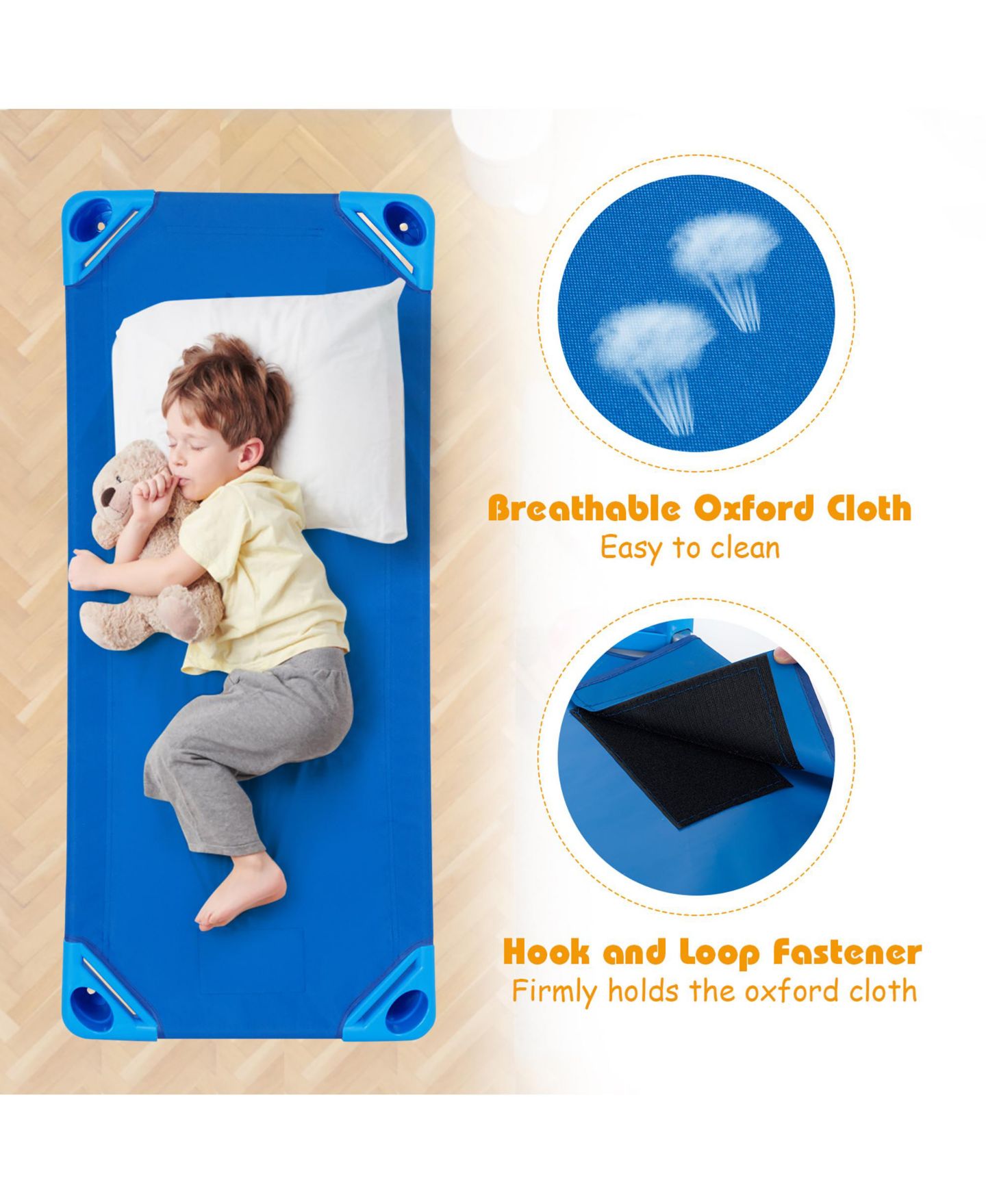 Детские конструкторы Costway Pack of 6 Kids Stackable Naptime Cot 52" L x 23" W Daycare Rest Mat, цвет: Синий — фото 5