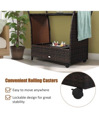 Patio Rattan Bar Serving Cart Wheels Ice Bucket Glass Top Handle Garden