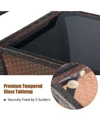 Patio Rattan Bar Serving Cart Wheels Ice Bucket Glass Top Handle Garden