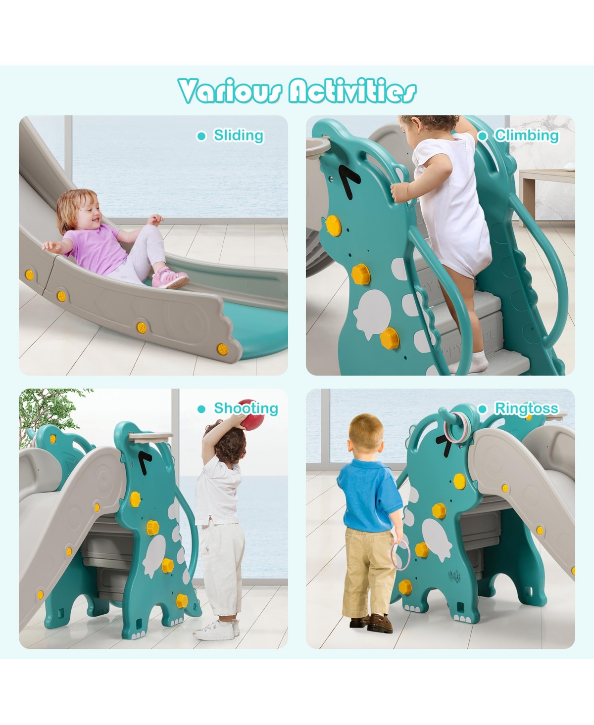 4 in 1 Kids Climber Slide Play Set w/Basketball Hoop & Toss Toy Indoor & Outdoor