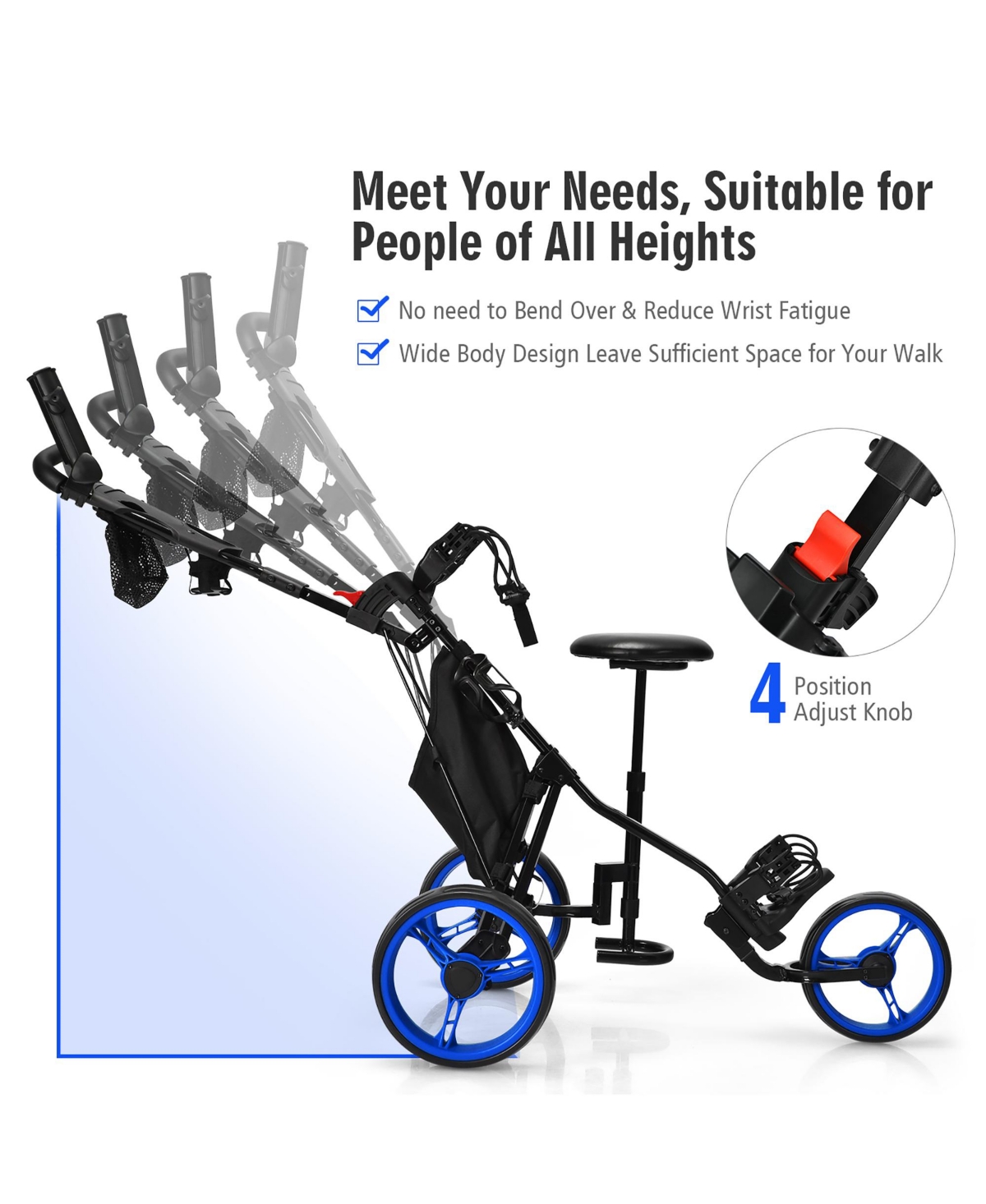 Folding 3 Wheels Golf Push Cart W/Seat Scoreboard Adjustable Handle