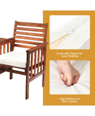 Acacia Wood Loveseat Patio Outdoor Conversation Set w/ Table White Cushion