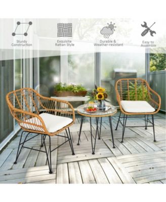3 Pieces Rattan Furniture Set with Cushioned Chair Table