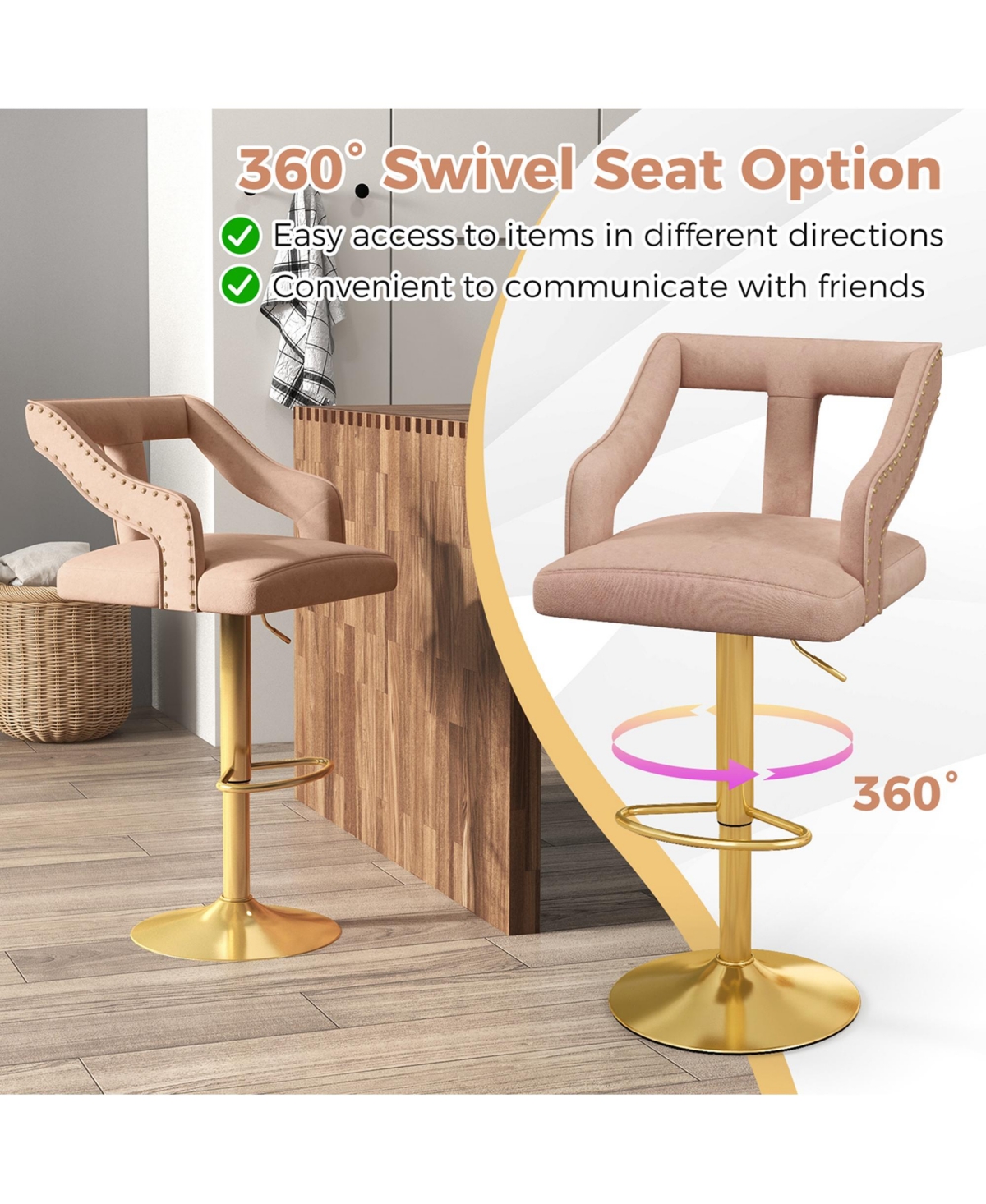 Costway Set of 2 Swivel Bar Stool with Footrest, 2-Layer Electroplated Metal Base