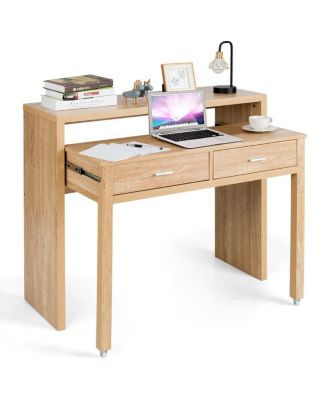 Extendable Computer Desk with Pull Out Secondary Desk-Natural