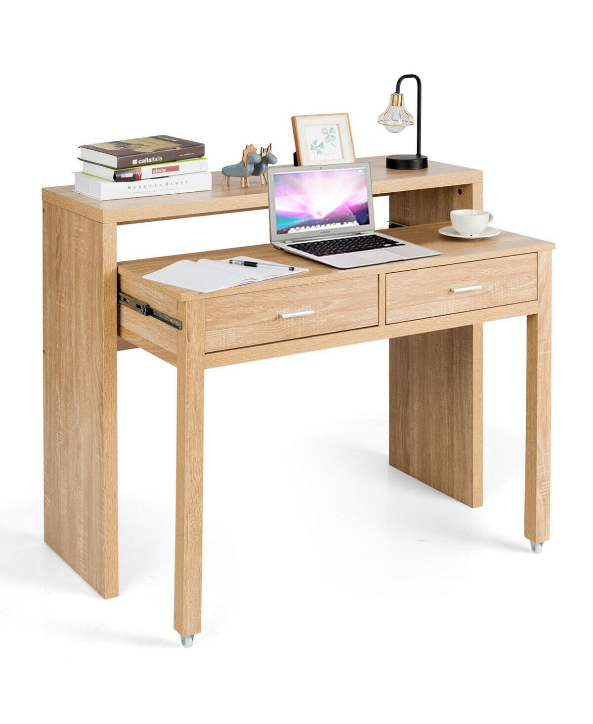 Extendable Computer Desk with Pull Out Secondary Desk-Natural