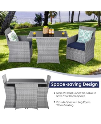 3PCS Outdoor Rattan Conversation Set Patio Dining Table Set w/ Navy Cushions