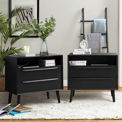 Kay Mid-century Modern 2 - Drawer End Table with  Built-In Outlets