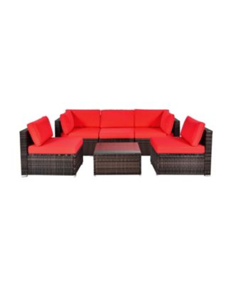 6PCS Rattan Outdoor Sectional Sofa Set Patio Furniture Set w/ Red Cushions