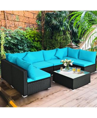 7PCS Rattan Patio Conversation Set Sectional Furniture Set w/ Blue Cushion