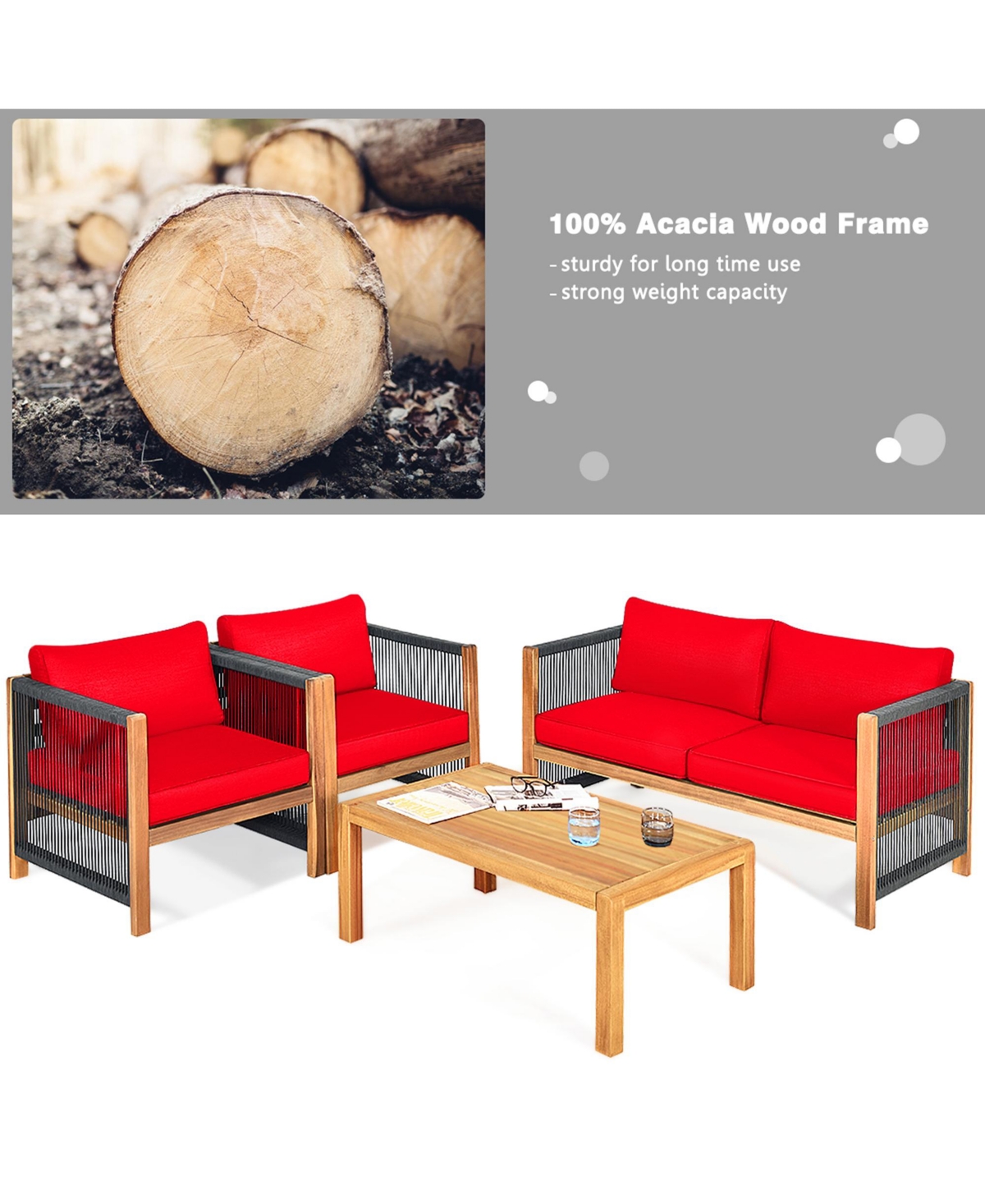 Gymax 8PCS Acacia Wood Outdoor Patio Furniture Conversation Set W/ Red Cushions
