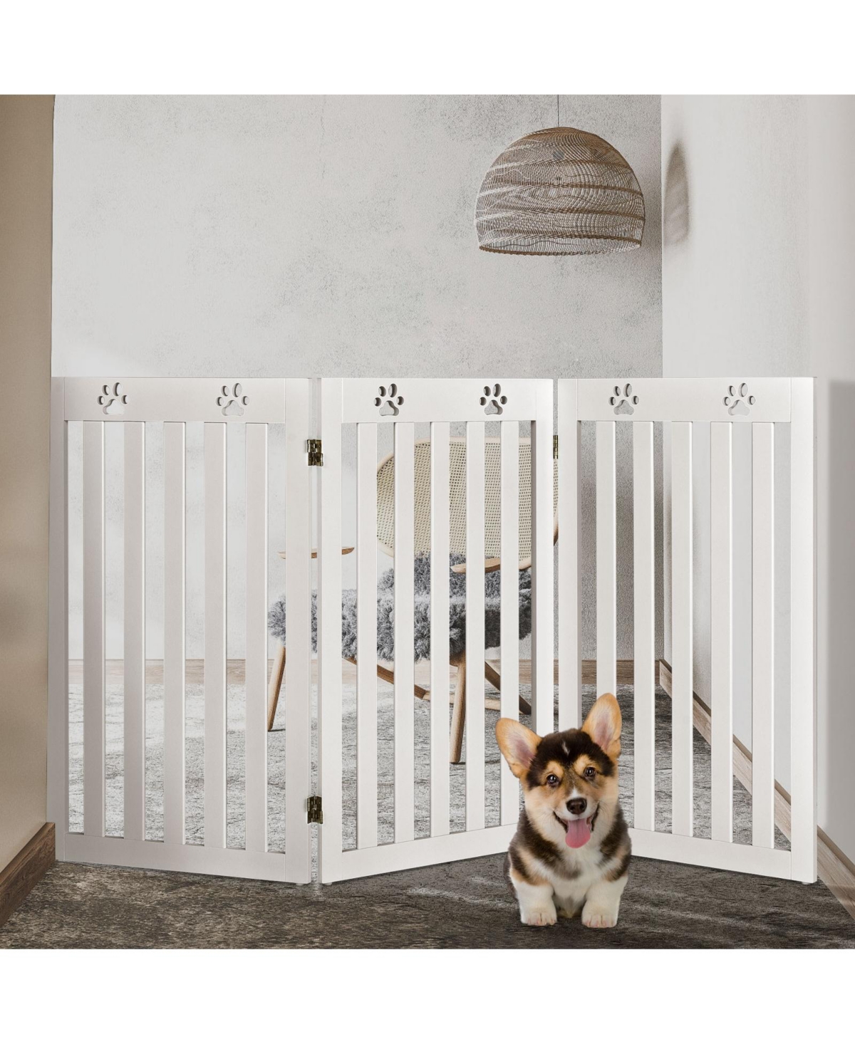 Sugift Folding Wooden Freestanding Pet Gate Dog Gate with 360° Flexible Hinge