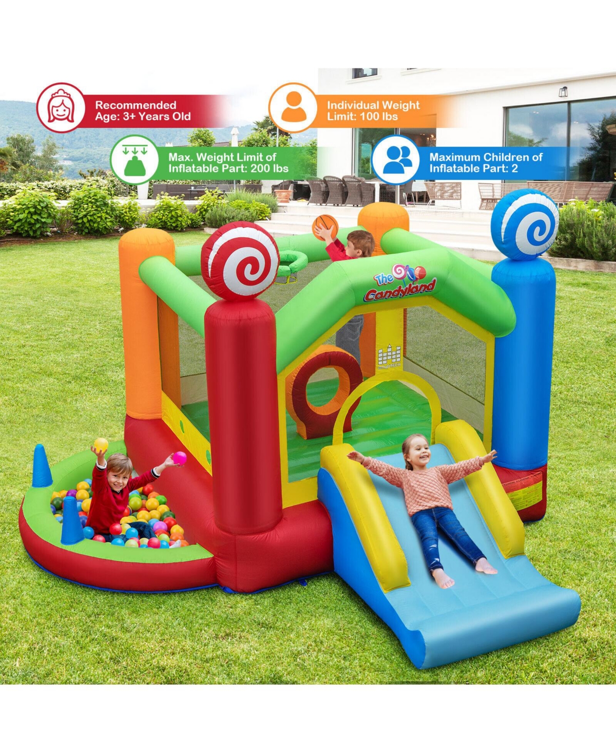 Slickblue Candy Land Theme Kids Inflatable Bounce House with 735W Air Blower