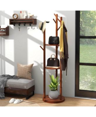 Freestanding Wooden Coat Tree 360&amp;#xB0; Rotary Coat Rack with 3 Display Storage Shelves