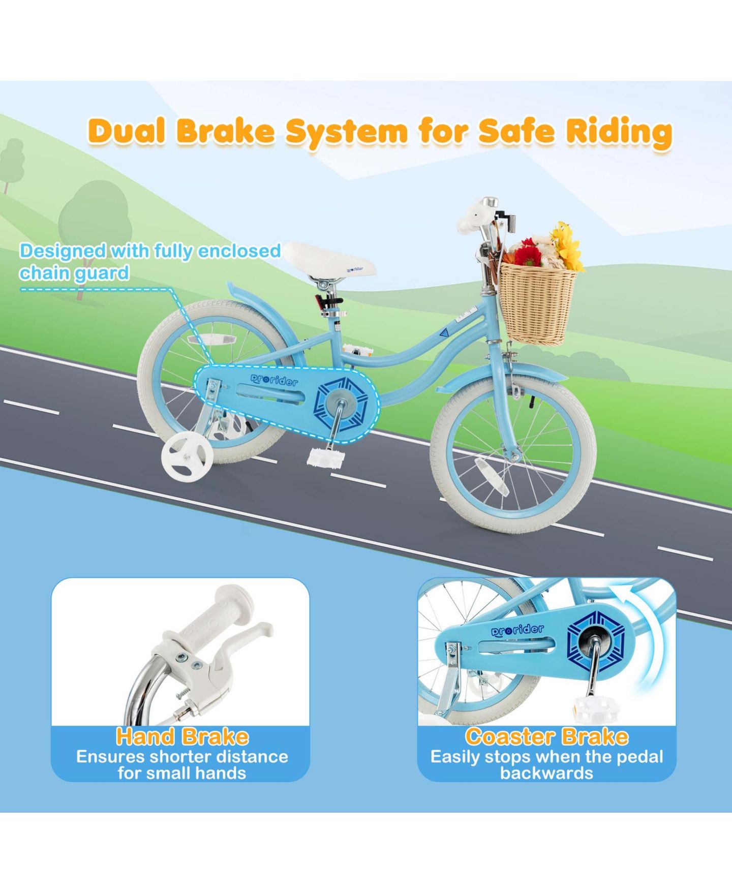 Детская игрушка Costway 16" Kids' Bike with Training Wheels, Adjustable Seat & Coaster Brake, Ages 4-7, цвет: Синий — фото 9