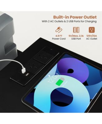 L-shaped Computer Desk with Power Outlet, Drawers, Metal Mesh Shelves