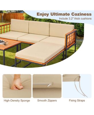 5 PCS Patio Furniture Set Acacia Wood Sectional Set with Seat & Back Cushions