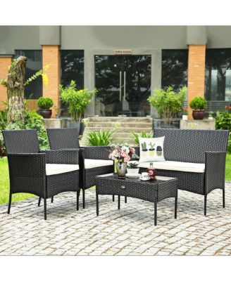 4PCS Patio Rattan Furniture Set Cushioned Sofa Coffee Table Backyard Porch