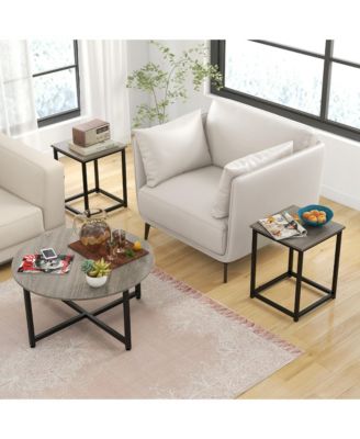3 PCS Coffee Table Set Round Coffee Table and 2 PCS Square End Tables Metal Frame