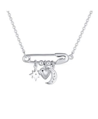Support Symbol CZ Accent Moon Heart Star Charms Sideways Celestial Safety Pin Necklace Pendant Sterling Silver