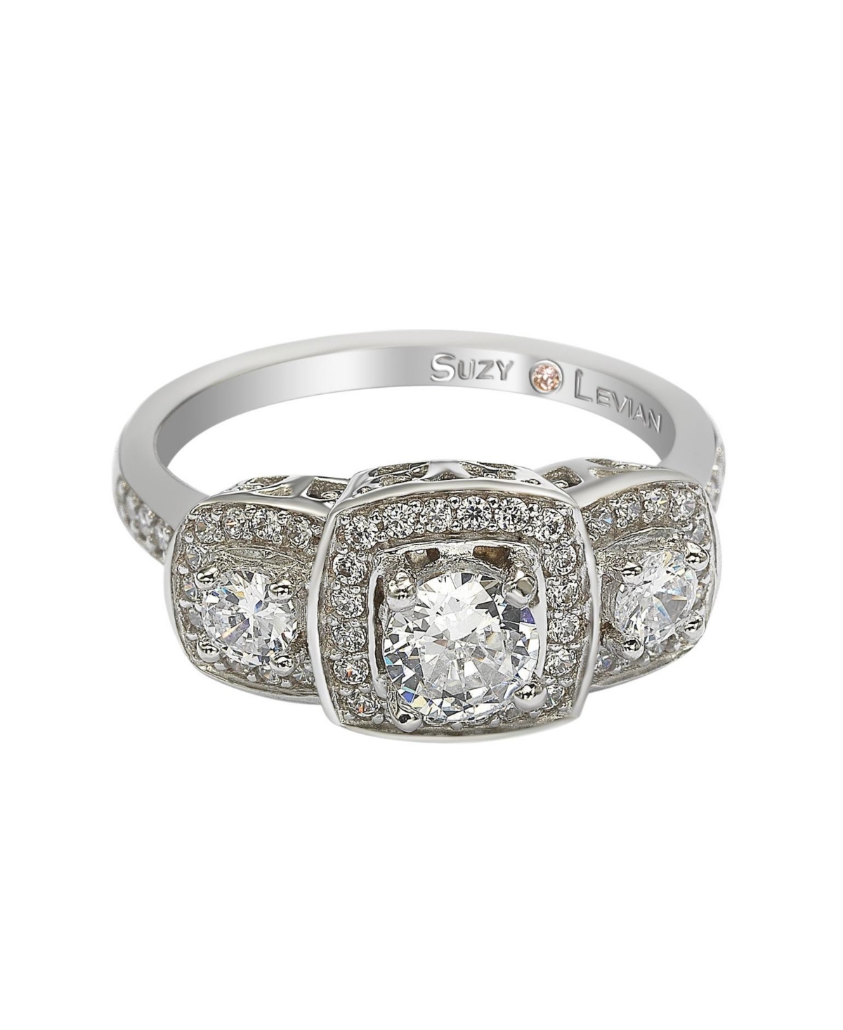 Suzy Levian New York Suzy Levian Sterling Silver Cubic Zirconia Three Stone Halo Engagement Ring