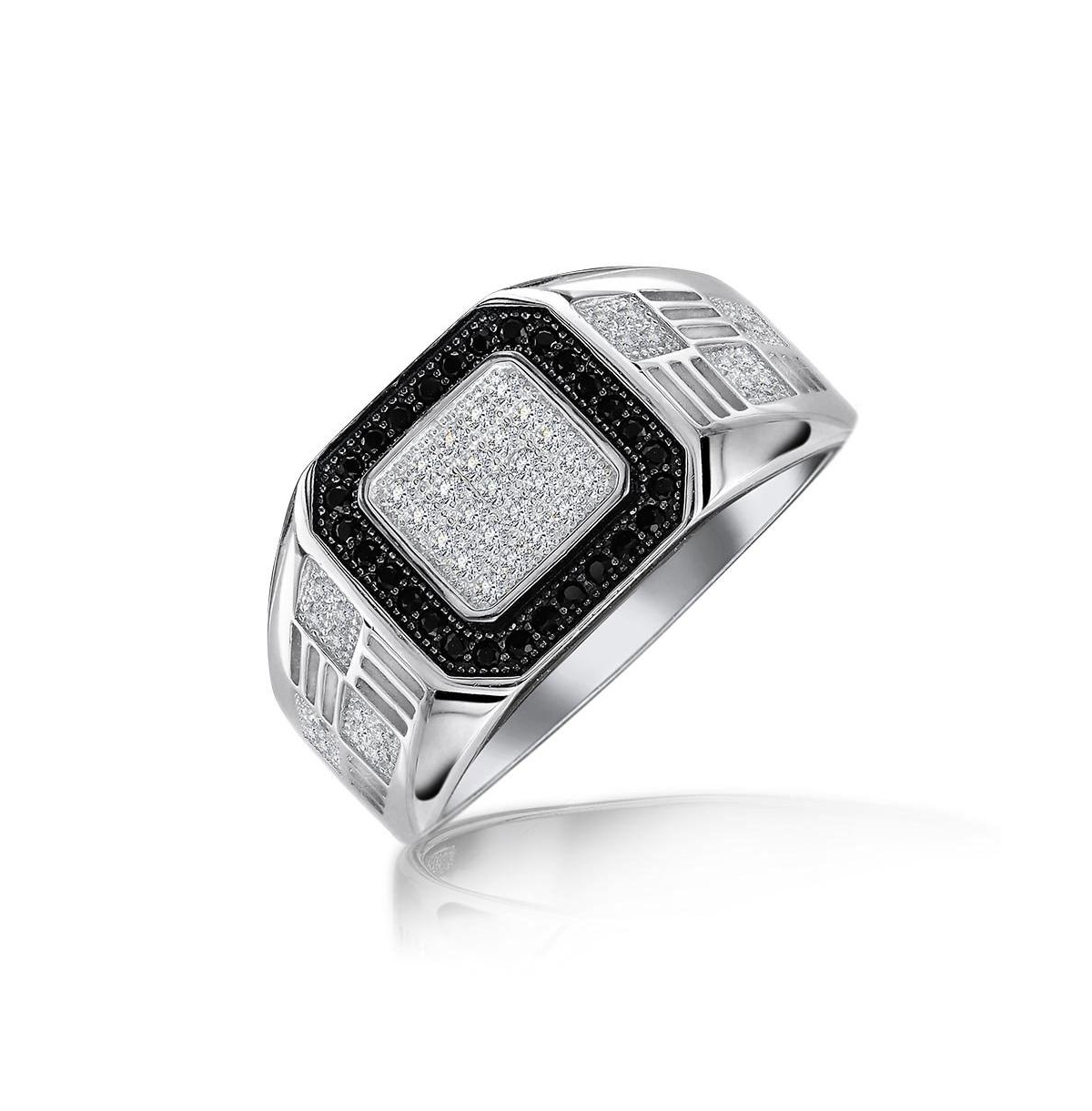 Men's Geometric Micro Pave Halo Square Two Tone White Black Cz Cubic Zirconia Engagement Statement Ring For Men .925 Sterling Silver - S