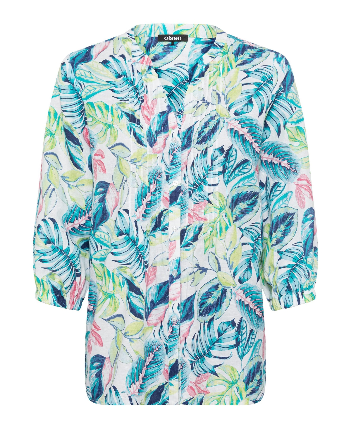 Olsen Women's Cotton Linen 3/4 Tropic Print Tunic Shirt