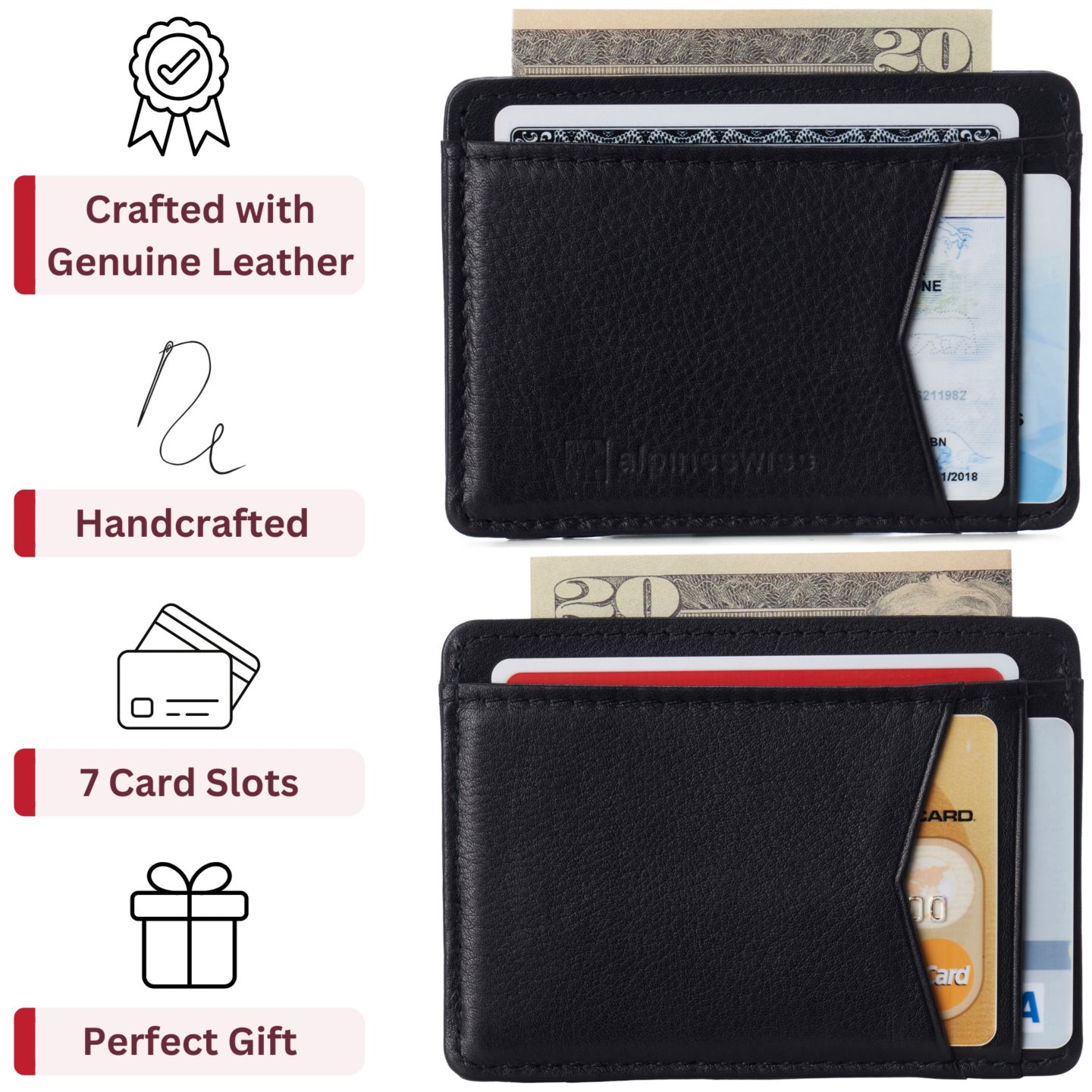 Мужской кошелёк Alpine Swiss Men RFID Safe Minimalist Front Pocket Wallet Leather Thin Card Case, цвет: Чёрный, вариант 1 — фото 4