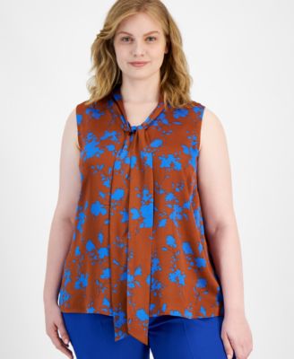 Tahari ASL - Plus Size Printed Tie-Neck Sleeveless Top
