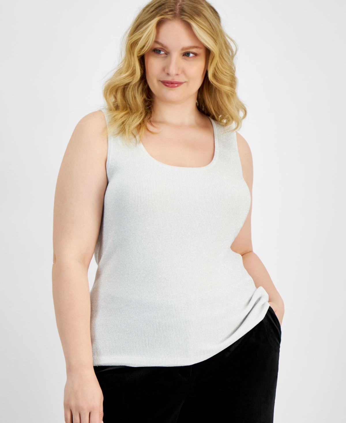 Plus Size Metallic Rib-Knit Scoop-Neck Tank - Camel/Gold Multi