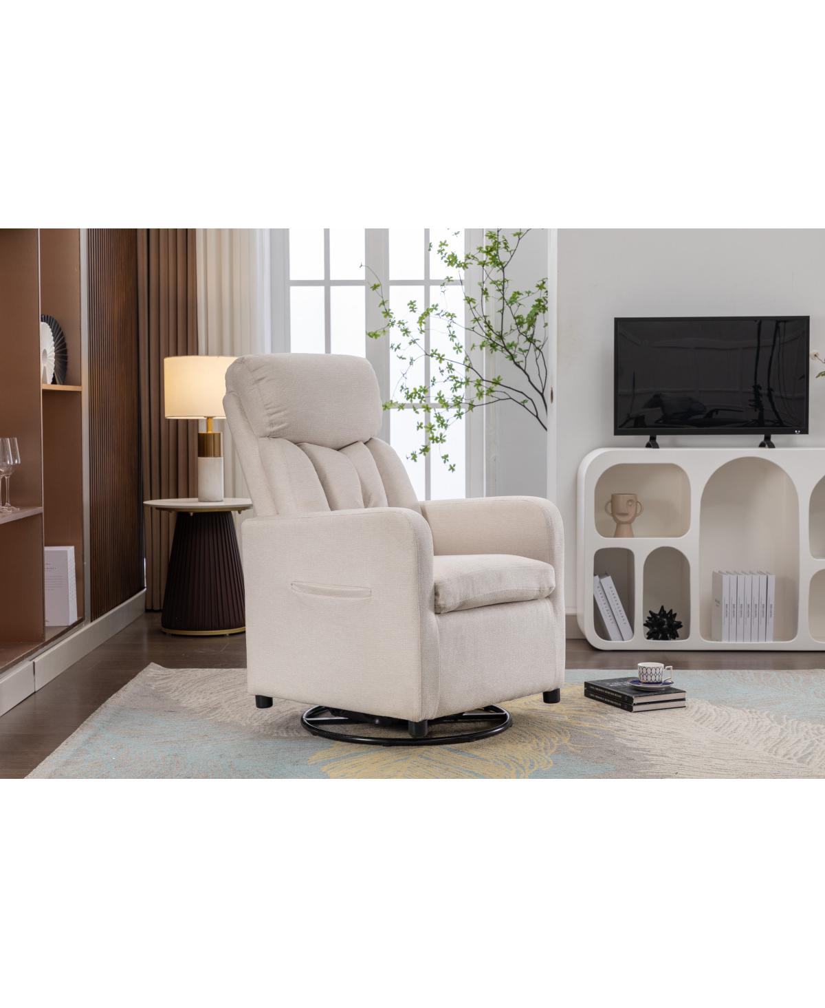 Streamdale Furniture Linen Fabric Swivel Rocking Chair Gilder Chair With Pocket,- Beige