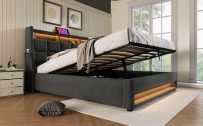 Streamdale Grey Upholstered Platform Bed with Storage & LED