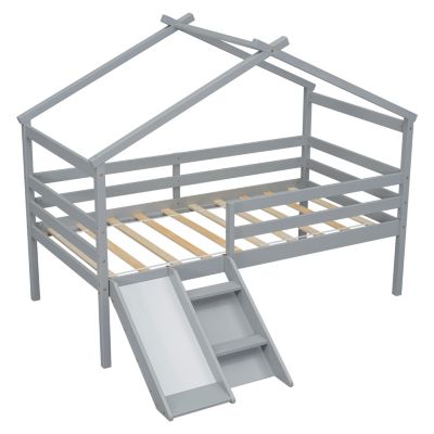 Twin Low Loft House Bed With Slide, Ladder, Safety Guardrails, House Roof Frame, Grey