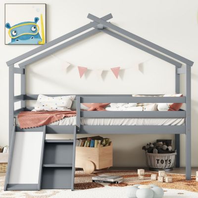 Twin Low Loft House Bed With Slide, Ladder, Safety Guardrails, House Roof Frame, Grey
