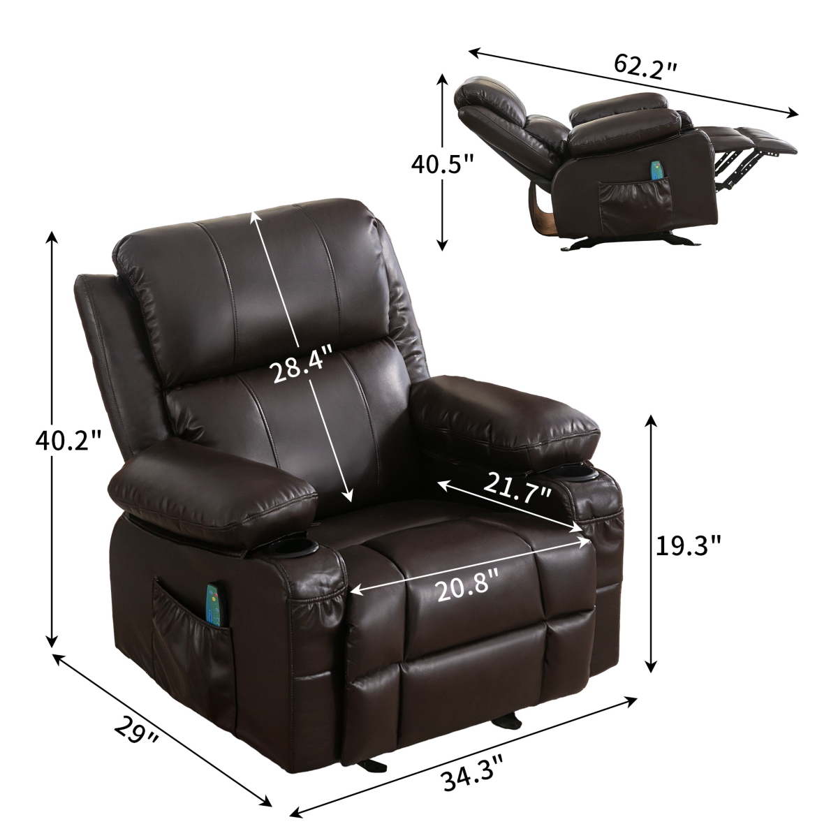 Streamdale Furniture Oversized Recliner Chair with Massage, Heat & Usb -- Brown