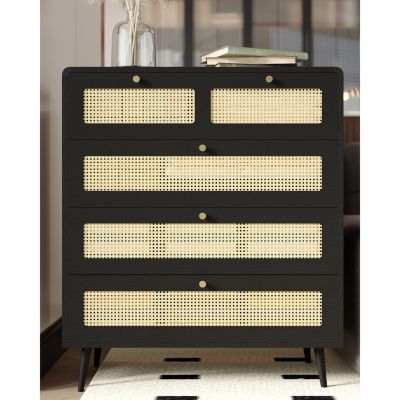 Modern Rattan 4-Drawer Dresser with Metal Handles