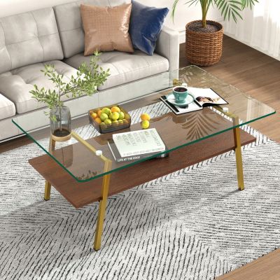 Transparent Glass Coffee Table, Gold Metal Legs