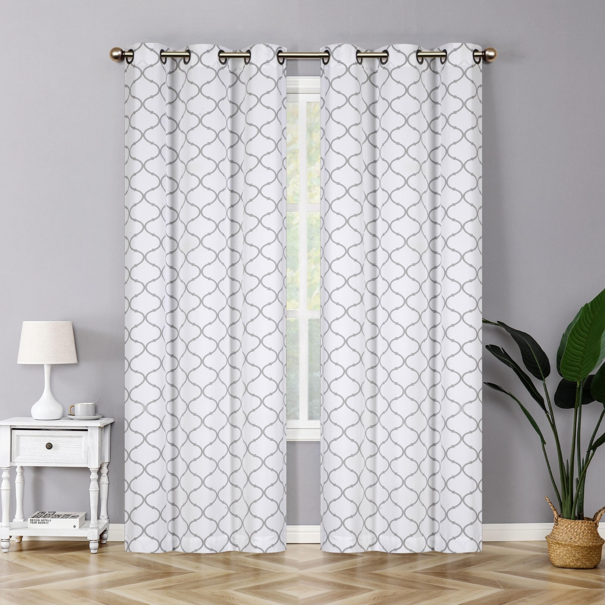 Kate Aurora Contemporary Living 2 PackAnd White Trellis Clover Window Curtains - 38 in. W x 84 in. L - Gray