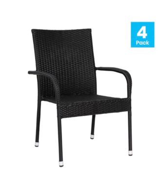 Set Of 4 Mathias Indoor/Outdoor Black Wicker Patio Chairs With Powder Coated Steel Frame, Comfortably Curved Back And Arms