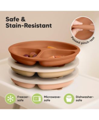 3-Pack Prep Suction Plates with Lids, 100% Silicone Baby Plates with Lid, BPA-Free Kids Divided Toddler Plates